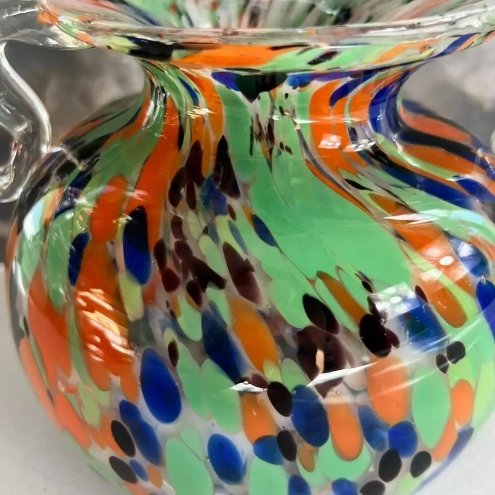 Vintage Hand Blown Art Glass Comfety Spotted Heavy Vase 2 Handles